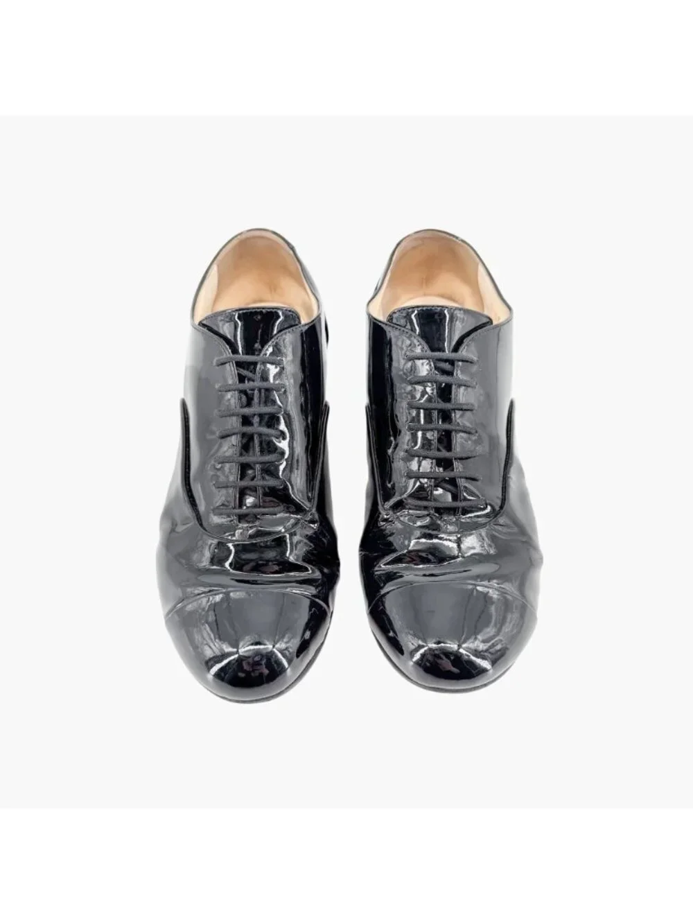 Chanel CC Camellia Flower Patent Oxford Heels Black Leather Size 37 US 6-6.5